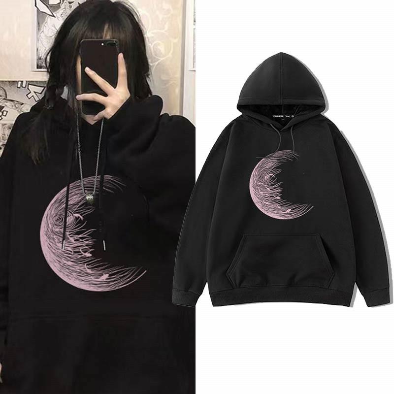 Moon Print Pocket Drawstring Casual Hoodie  |   Sweatshirts & Hoodies Clothing Black