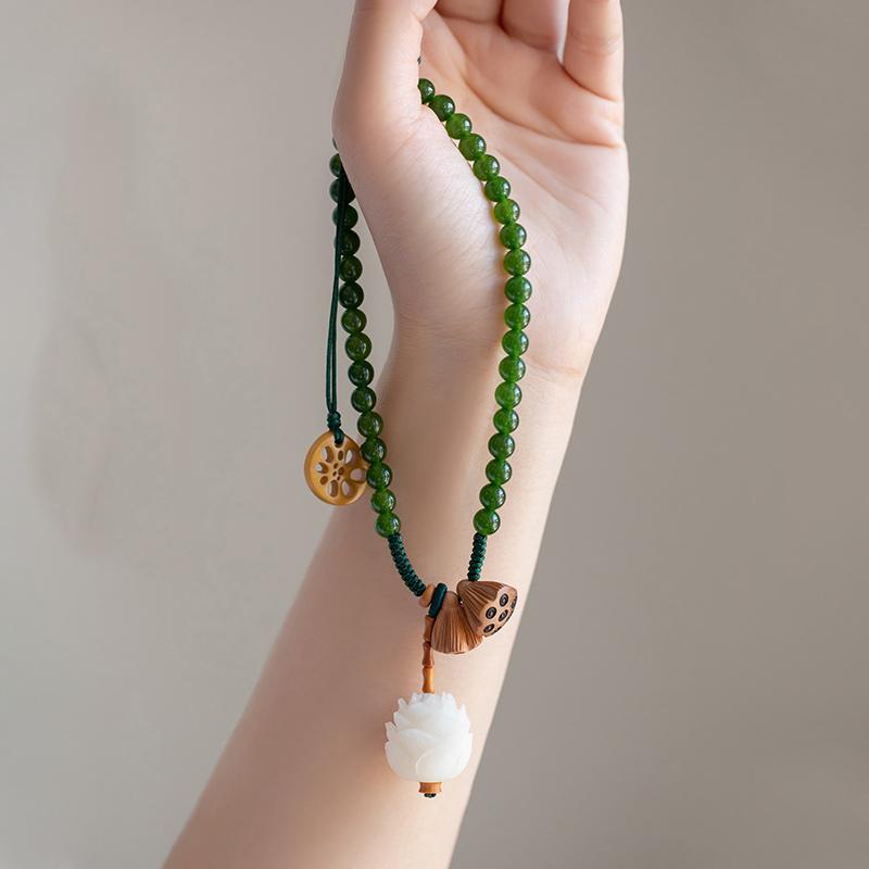 Natural Lotus Flower Seed Pod Green Jasper Bodhi Round Beads Bracelet  |   Jewelry Accessories Green