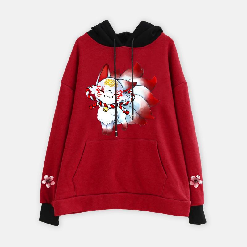 Nine-Tailed Fox Sakura Print Plush Hoodie  |   Sweatshirts & Hoodies Clothing Red