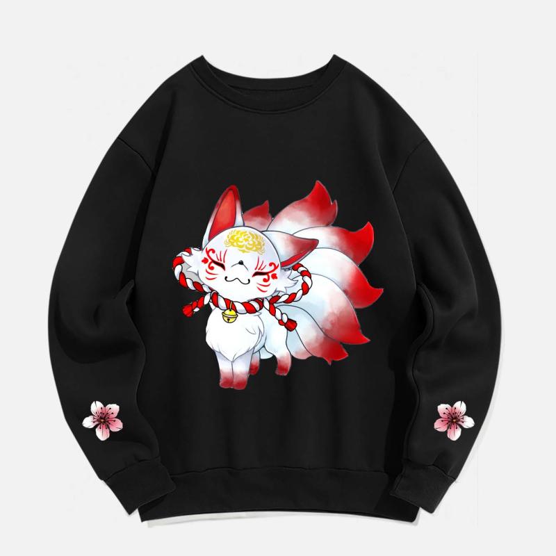 Nine-Tailed Fox Sakura Print Round Collar Plush Sweatshirt  |   Sweatshirts & Hoodies Clothing Black