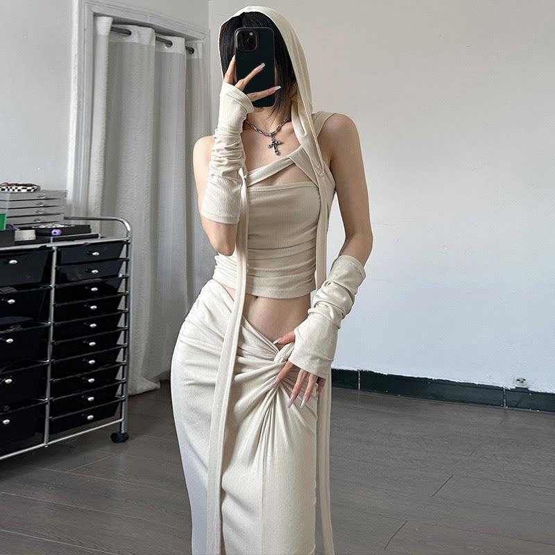 One Shoulder Hooded Top Split Maxi Skirt Two Pieces With Gloves  |   Skirts Clothing Apricot Skirt