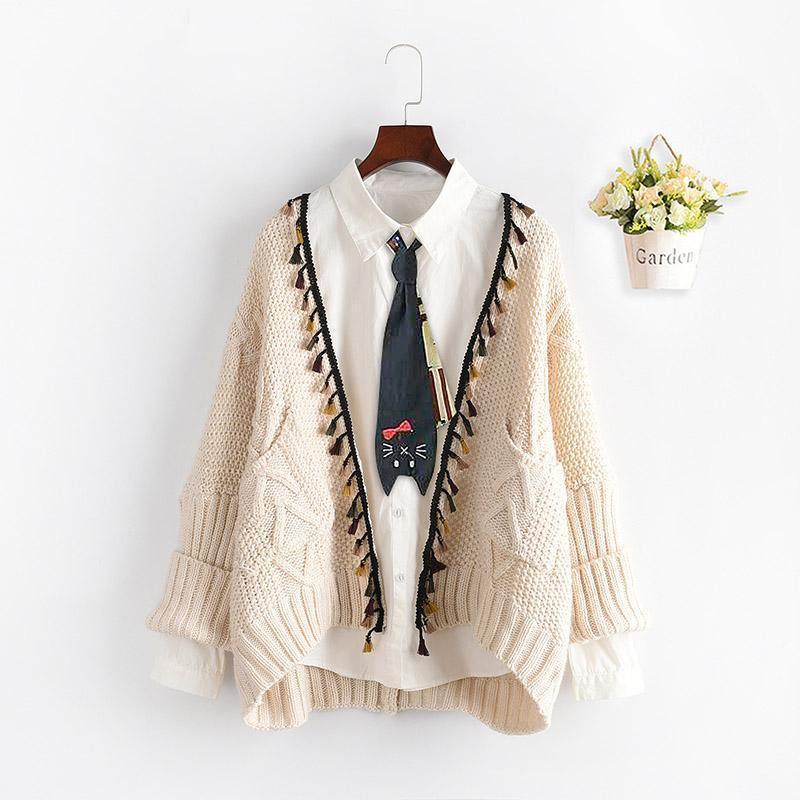 Open Front Tassel Knit Cardigan Sweater Coat  |   Outerwear Clothing Beige