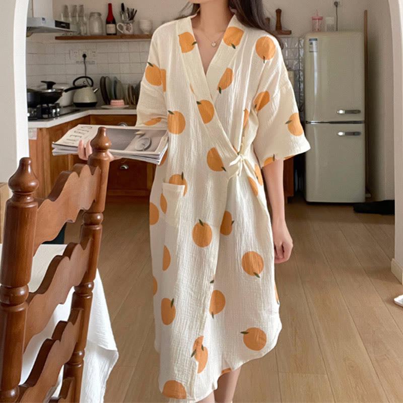 Orange Print Lace-Up Kimono Pajamas Dress  |   Pajamas Clothing Apricot