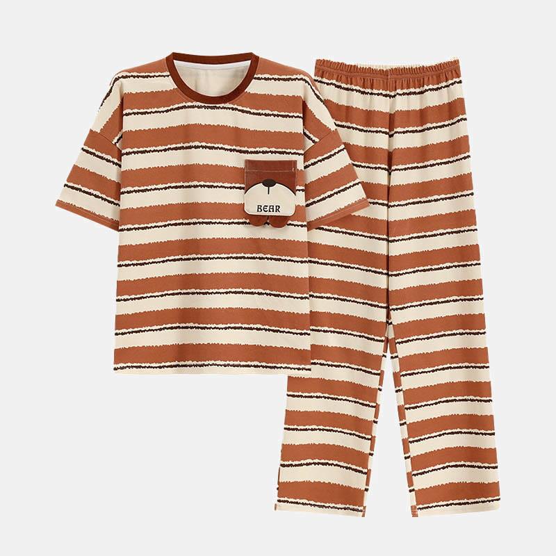 Orange Stripe Print T-Shirt Pants Pajamas Two Piece Set  |   Pajamas Clothing Orange