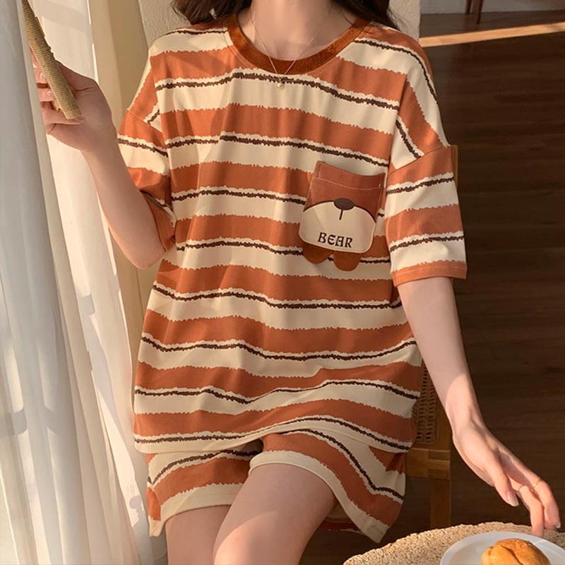 Orange Stripe Print T-Shirt Shorts Pajamas Two Piece Set  |   Pajamas Clothing Orange