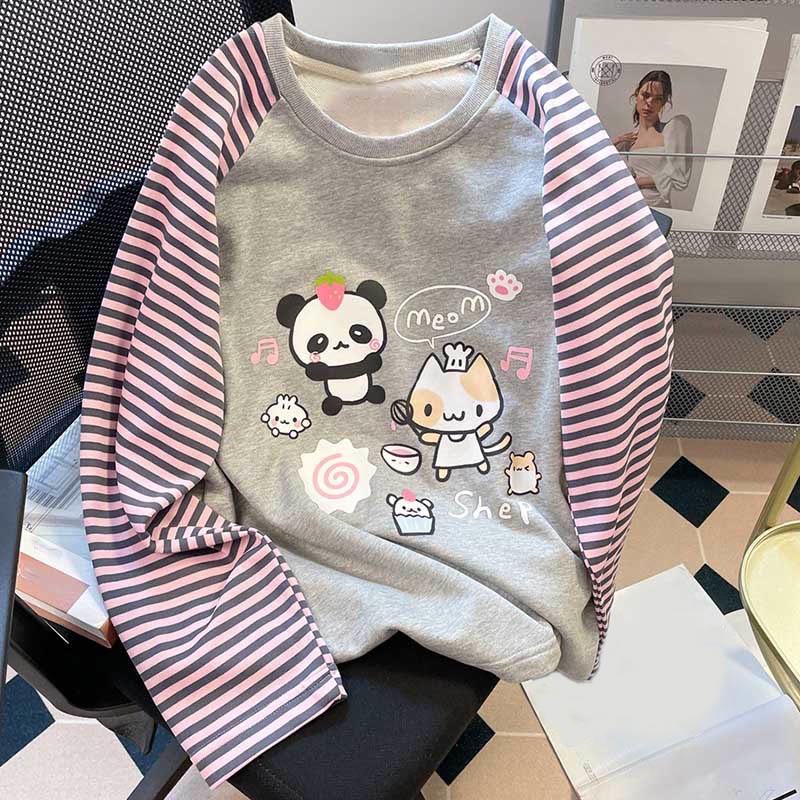 Panda Kitty Stripe Print Casual Sweatshirt  |   Sweatshirts & Hoodies Clothing Grey