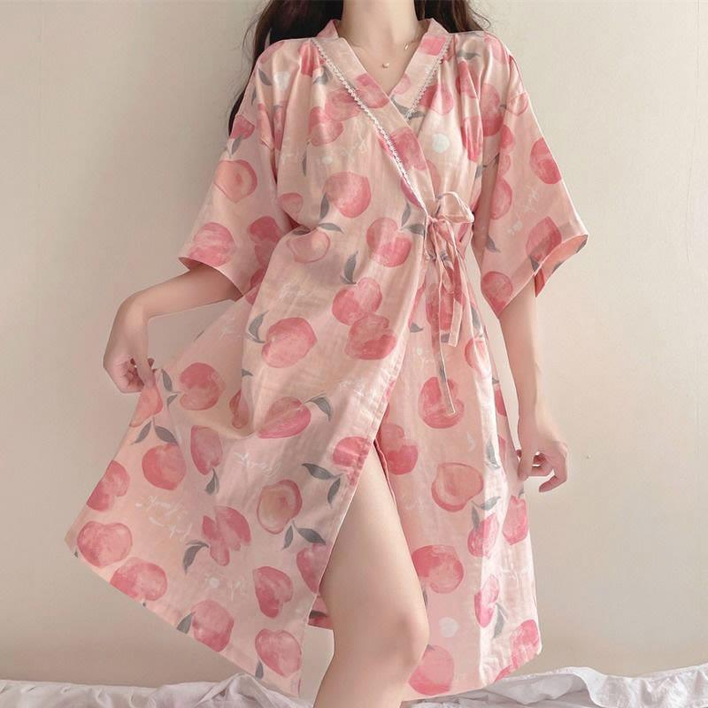 Peach Print Lace-Up Kimono Pajamas Dress  |   Pajamas Clothing Pajamas