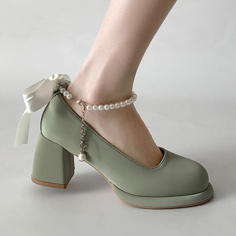 Pearl Buckle Thick Heel Mary Jane Shoes  |   Mary Janes & Flats Shoes Apricot