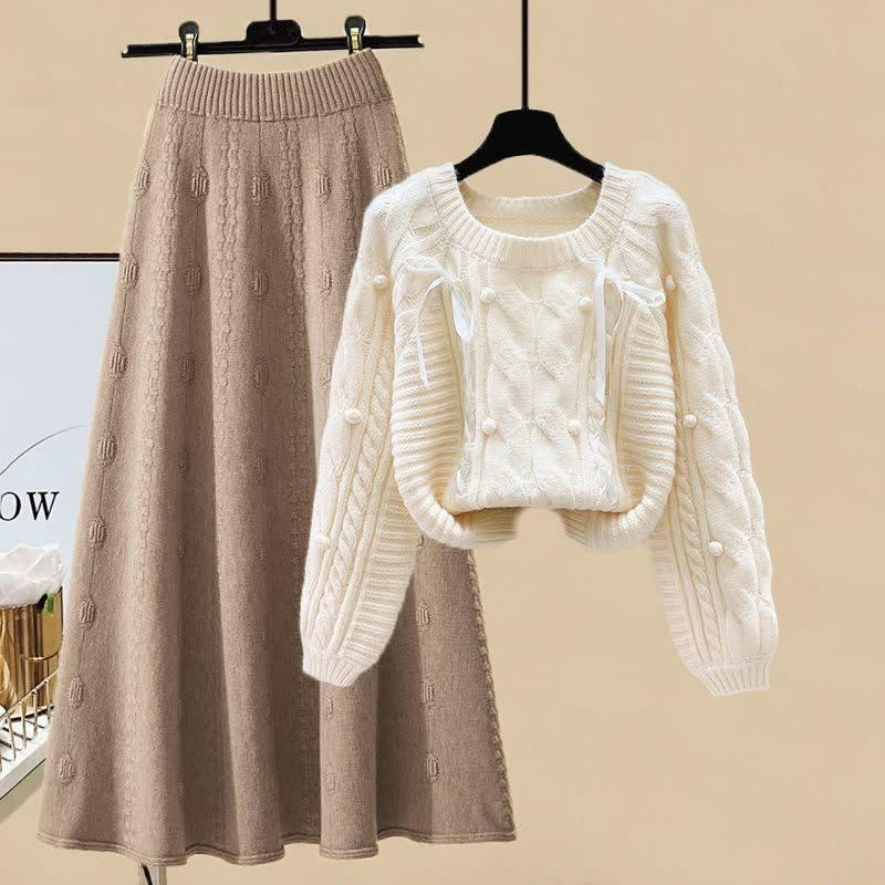 Pills Decor Cable Knit Sweater Skirt Two Pieces  |   Sweater Clothing Apricot Skirt