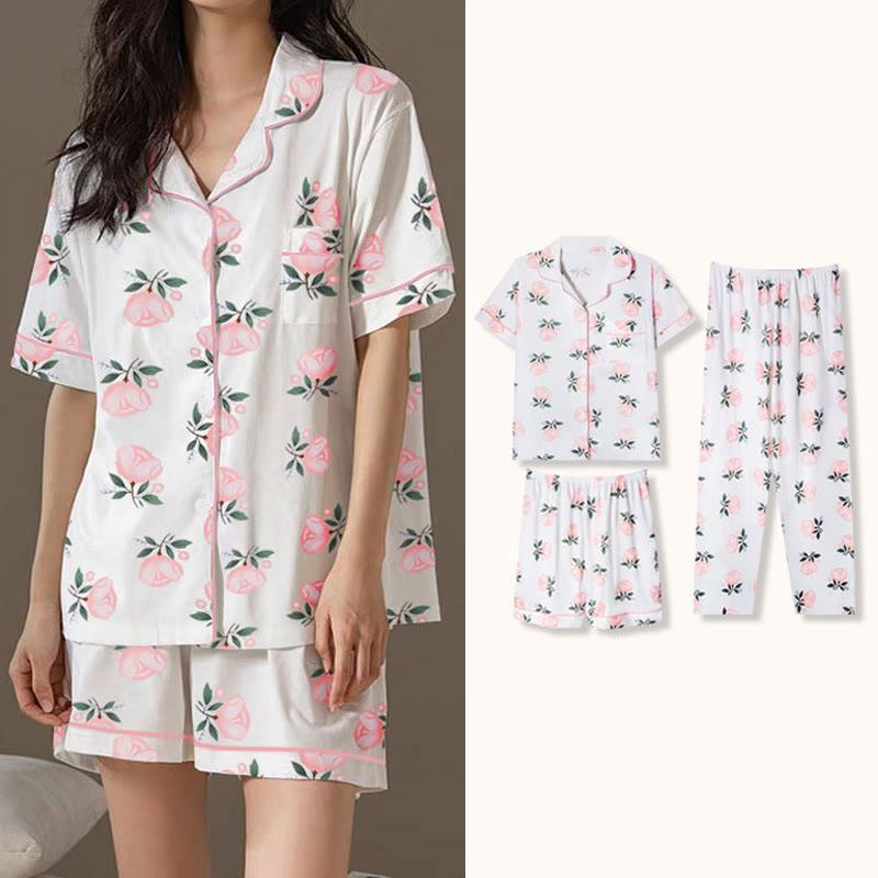 Pink Floral Print Summer Pajamas Three Piece Set  |   Pajamas Clothing Pajamas