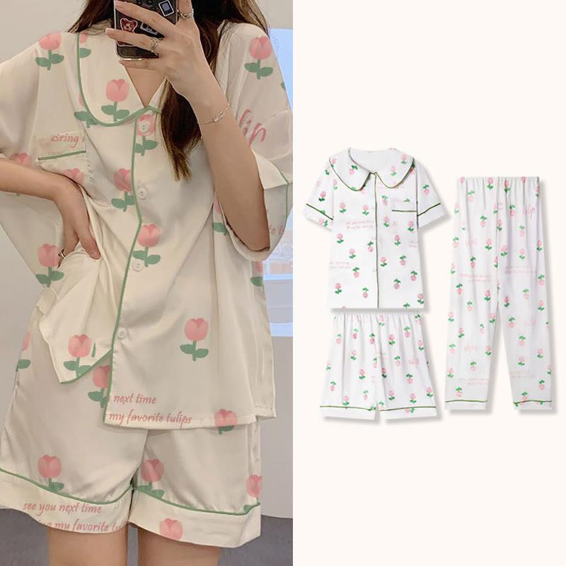 Pink Flower Print Casual Summer Pajamas Three Piece Set  |   Pajamas Clothing Pajamas