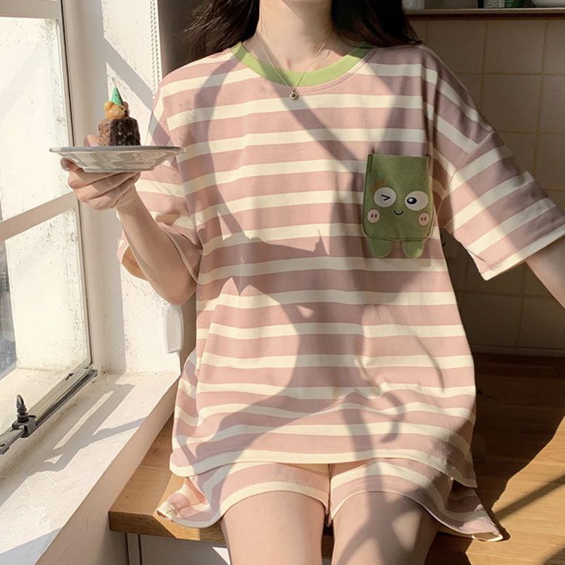 Pink Stripe Print T-Shirt Shorts Pajamas Two Piece Set  |   Shorts Clothing Pajamas