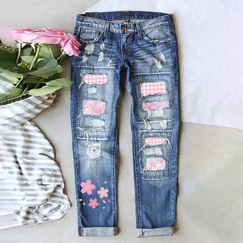 Plaid Flower Print Ripped Casual Denim Pants  |   Pants Clothing Blue