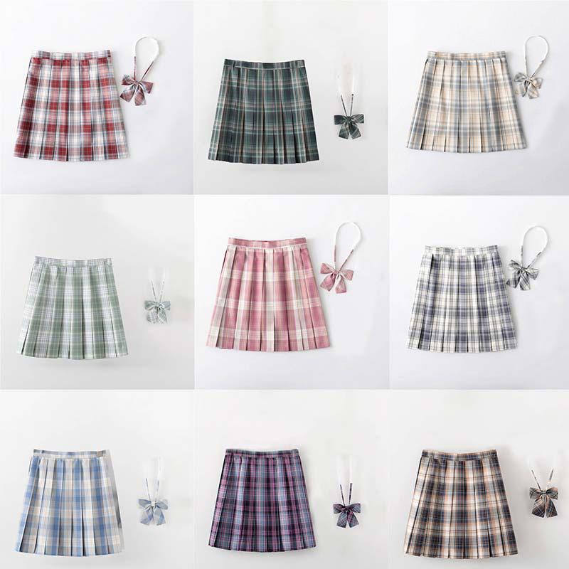 Plaid Jk Uniform High Waist Pleated Skirt With Bow Tie  |   Skirts Clothing A