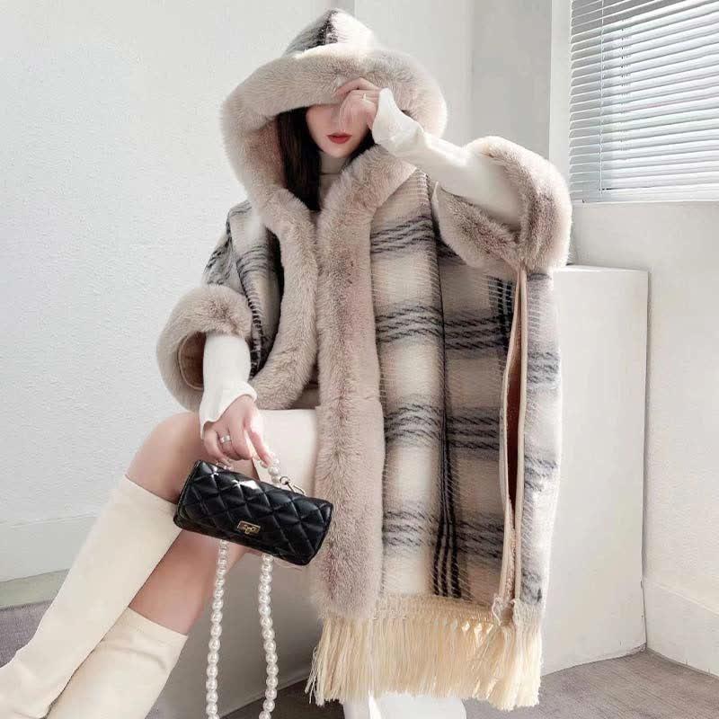 Plaid Print Furry Collar Fringed Casual Hooded Cloak Coat  |   Outerwear Clothing A