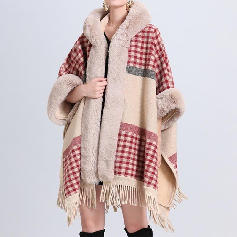 Plaid Print Furry Collar Fringed Hooded Cloak Coat  |   Outerwear Clothing A