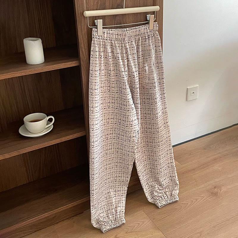 Plaid Print High Waist Print Casual Loose Elastic Pants  |   Pants Clothing Apricot