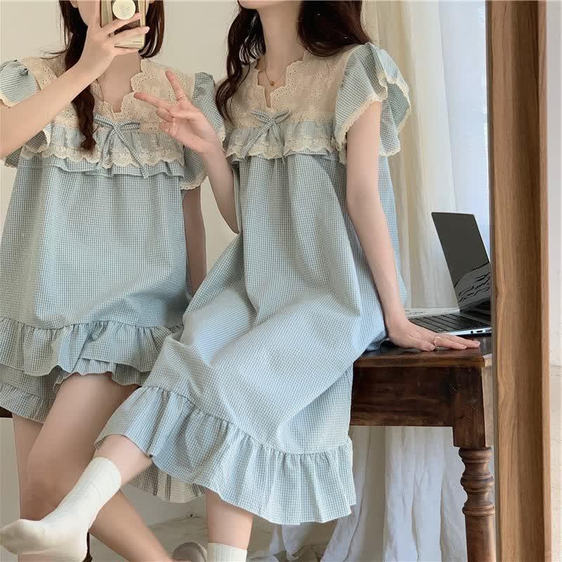 Plaid Print Lace Summer Pajamas Set  |   Pajamas Clothing Blue Dress