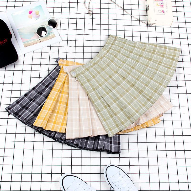 Plaid Uniform A-Line High Waist Pleated Skirt  |   Skirts Clothing Apricot