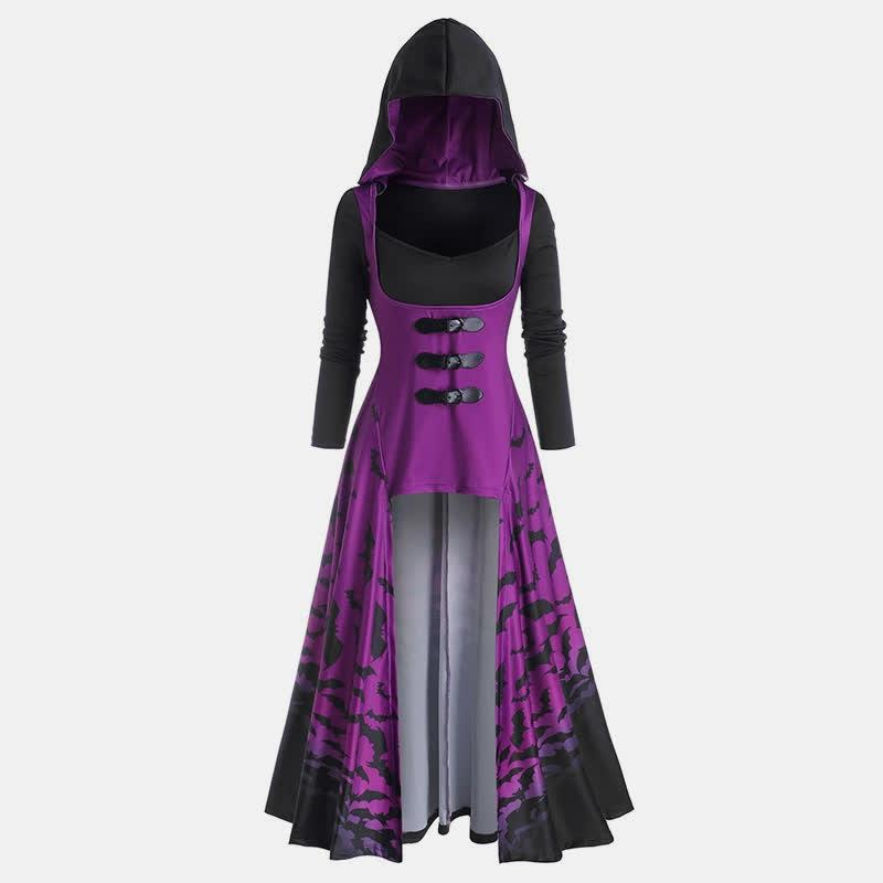 Plus Size Bat Print Leather Buckle Irregular Hooded Cloak Dress  |   Dresses Clothing Dresses