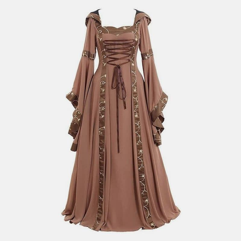 Plus Size Cosplay Vintage Square Collar Lace Up Bell Sleeve Long Dress  |   Dresses Clothing Black