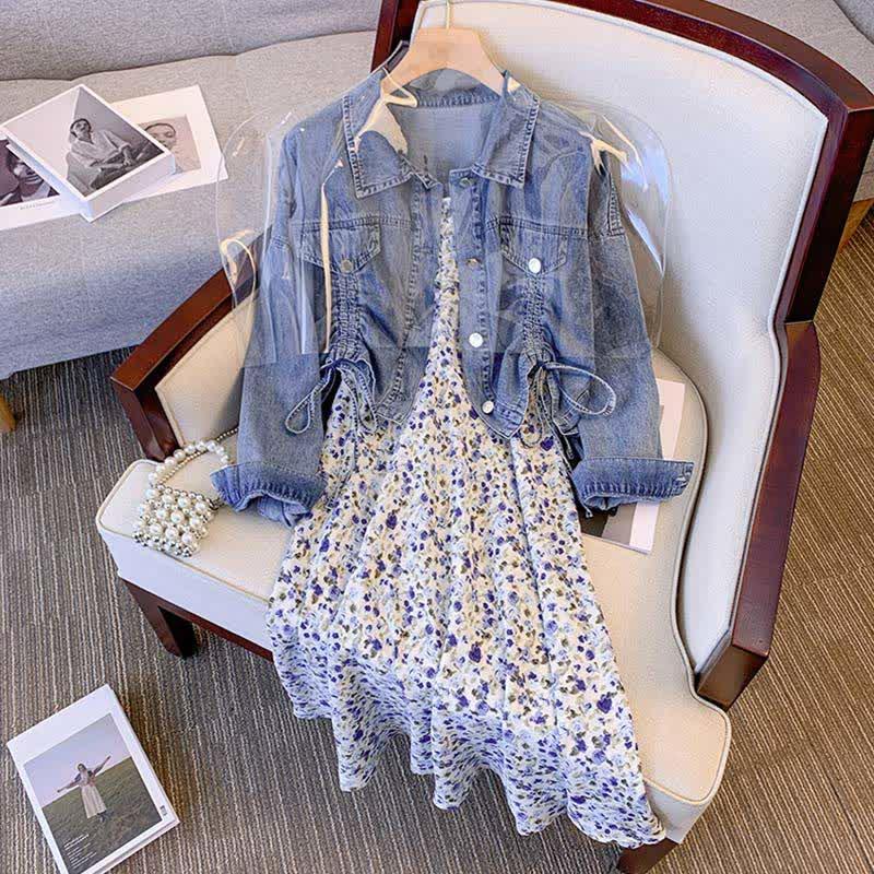 Plus Size Drawstring Denim Jacket Floral Print Slip Dress  |   Dresses Clothing Dress