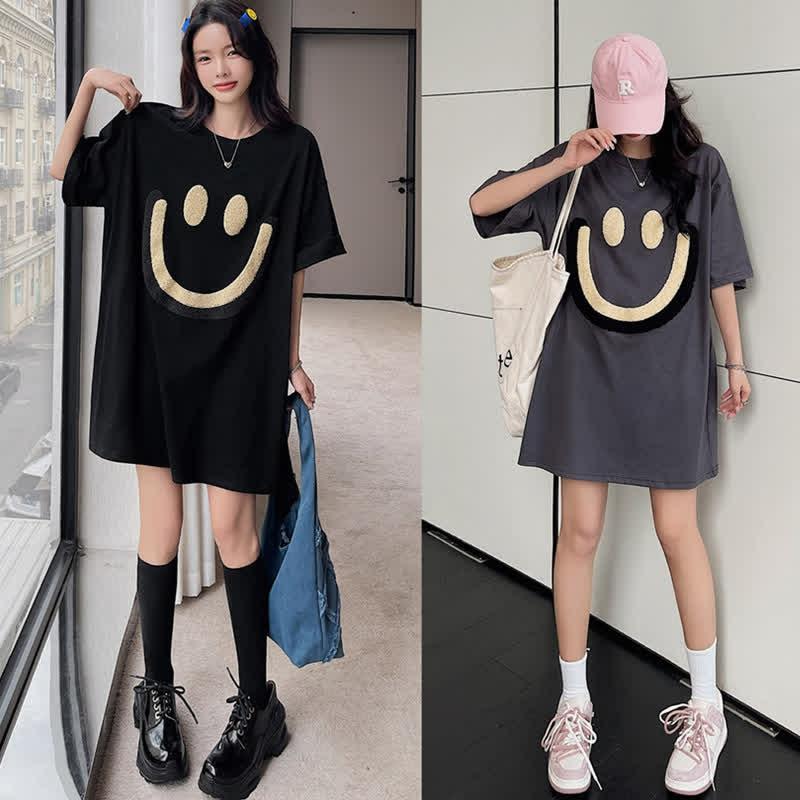 Plus Size Smiling Face Embroidery Loose T-Shirt Dress  |   Dresses Clothing Black