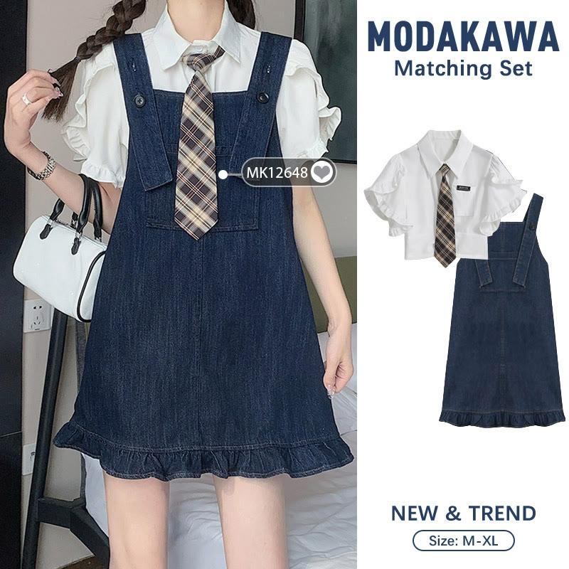 Pocket Lapel Tie T-Shirt Denim Overall Dress Two Pieces Set  |   Dresses Clothing Dress