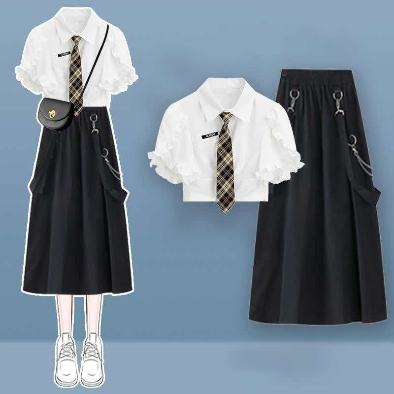 Pocket Lapel Tie T-Shirt Suspender Skirt Two Pieces Set  |   T-Shirts Clothing Set