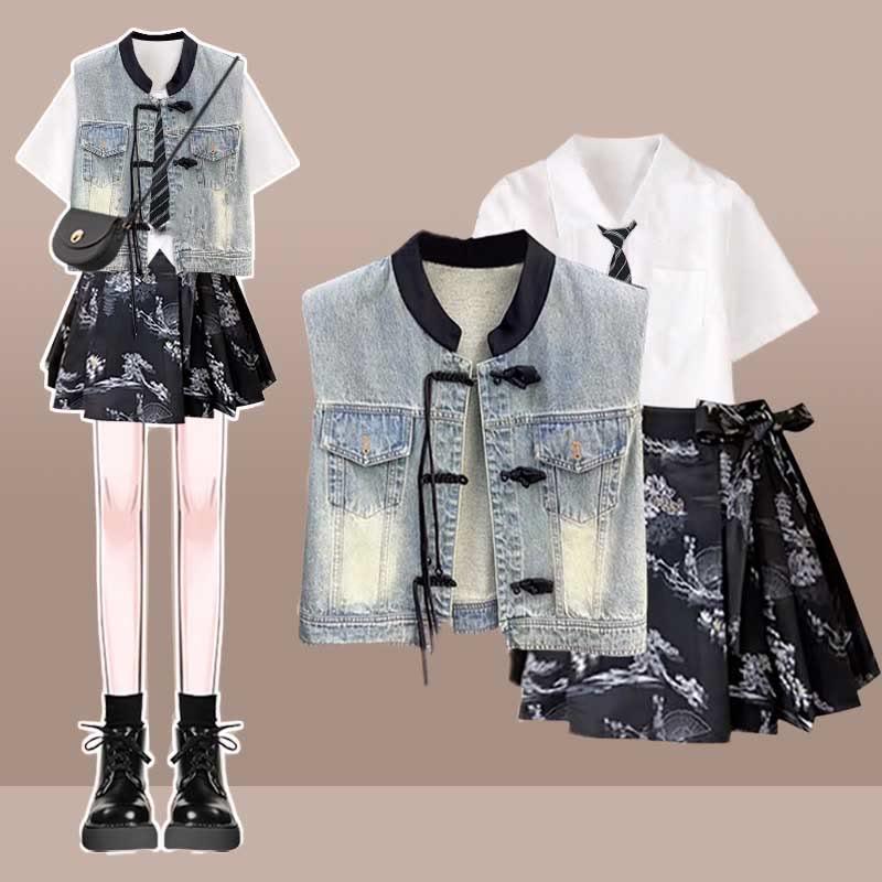 Polo T-Shirt Denim Buckle Vest Lace-Up Pleated Skirt Three Pieces  |   Skirts Clothing Polo T-Shirt+Tie