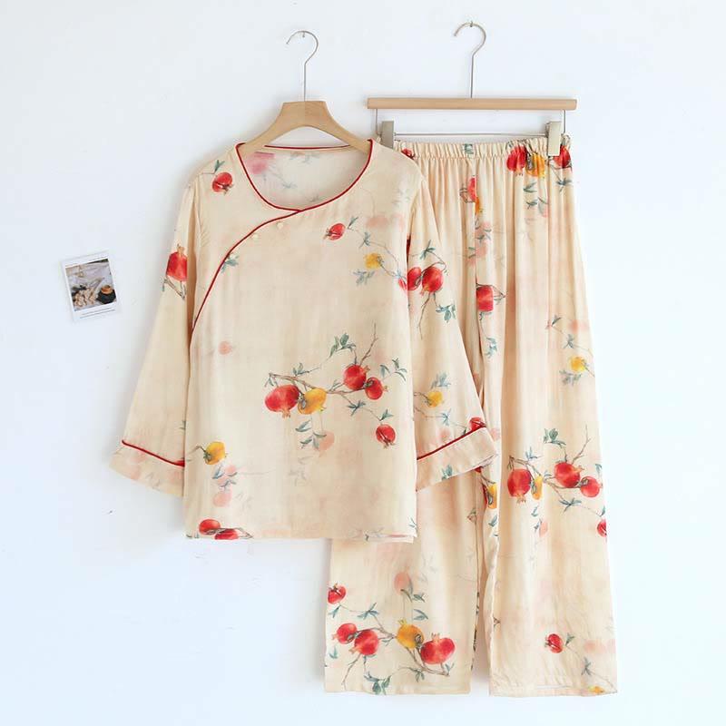 Pomegranate Flower Print Long Sleeves Shirt Trousers Dress Pajamas  |   Pants Clothing Dress