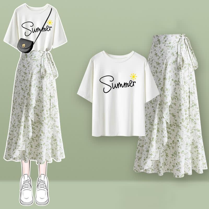 Puff Sleeve Lapel T-Shirt Floral Print Skirt Two Pieces Set  |   T-Shirts Clothing Set A