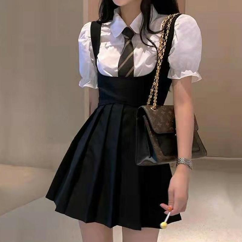 Puff Sleeve T-Shirt Tie Pleated Suspender Skirt Set  |   T-Shirts Clothing Skirt