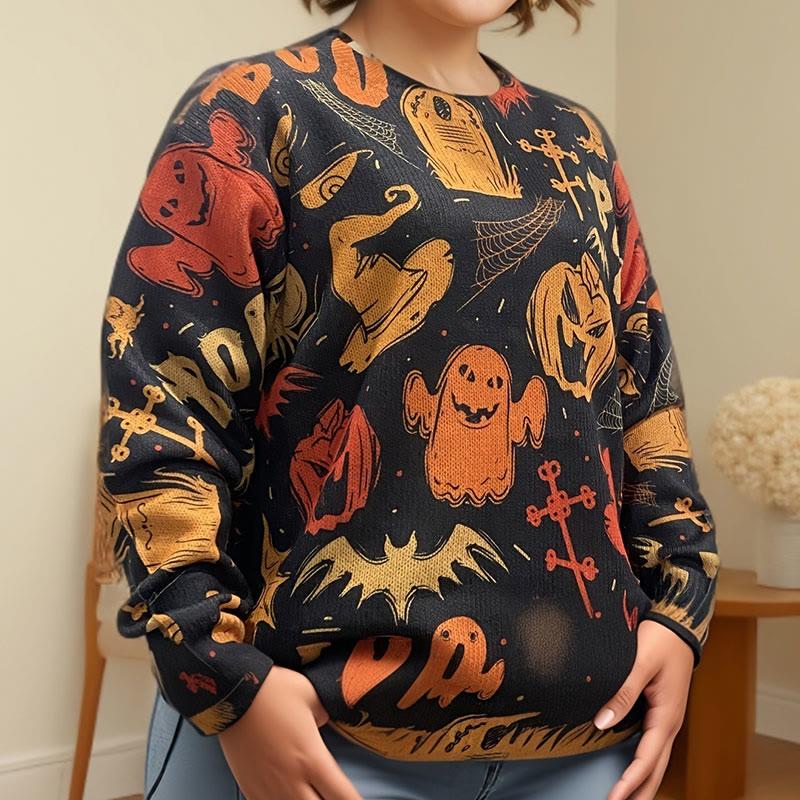 Pumpkin Bats Ghosts Cross Print Knitted Sweater  |   Sweater Clothing Black