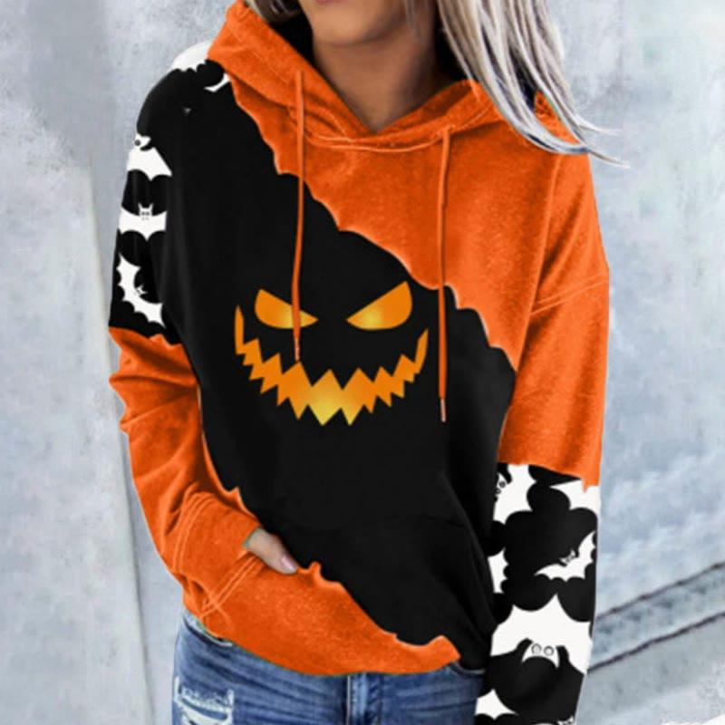 Pumpkin Bats Print Color Block Loose Hooded Sweatshirt  |   Sweatshirts & Hoodies Clothing A