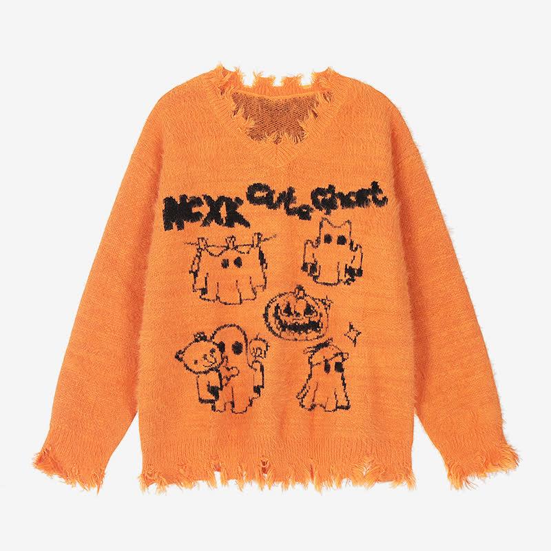 Pumpkin Ghost Letter Print V-Neck Ripped Sweater  |   Sweater Clothing Black