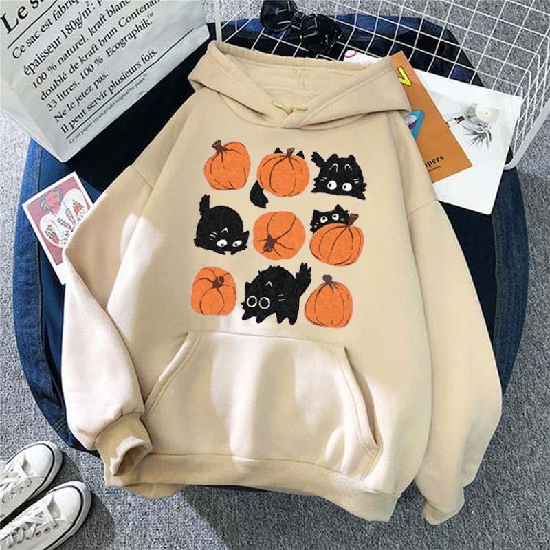 Pumpkin Kitty Print Plush Hoodie  |   Sweatshirts & Hoodies Clothing Khaki