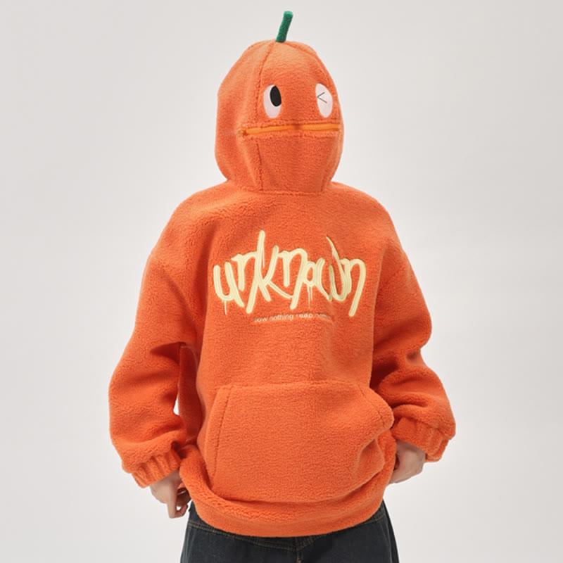 Pumpkin Letter Embroidery Woolen Hooded Sweatshirt  |   Sweatshirts & Hoodies Clothing Orange