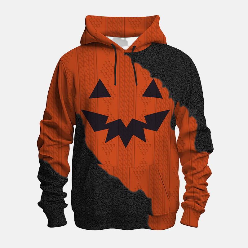 Pumpkin Print Color Block Loose Hooded Sweatshirt  |   Sweatshirts & Hoodies Clothing A