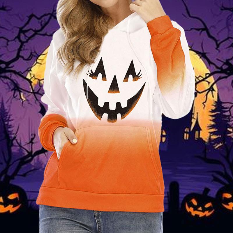 Pumpkin Print Loose Hooded Sweatshirt  |   Sweatshirts & Hoodies Clothing A