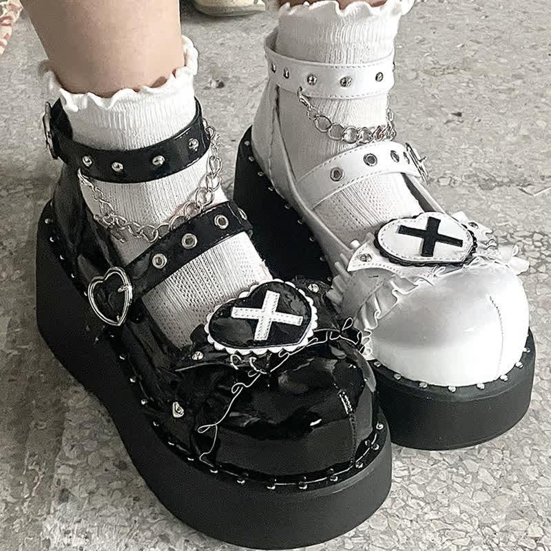 Punk Cross Love Heart Chain Strap Buckle Platform Lolita Shoes  |   Mary Janes & Flats Mary Janes & Flats Black