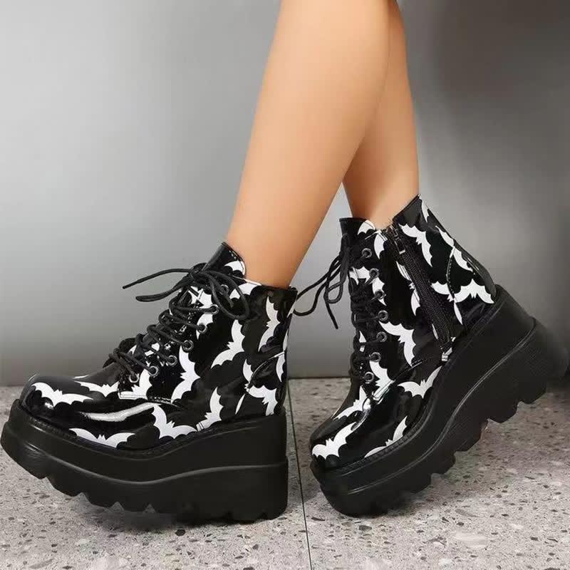 Punk Goth Bat Print Lace Up High Wedge Boots  |   Boots Boots Black