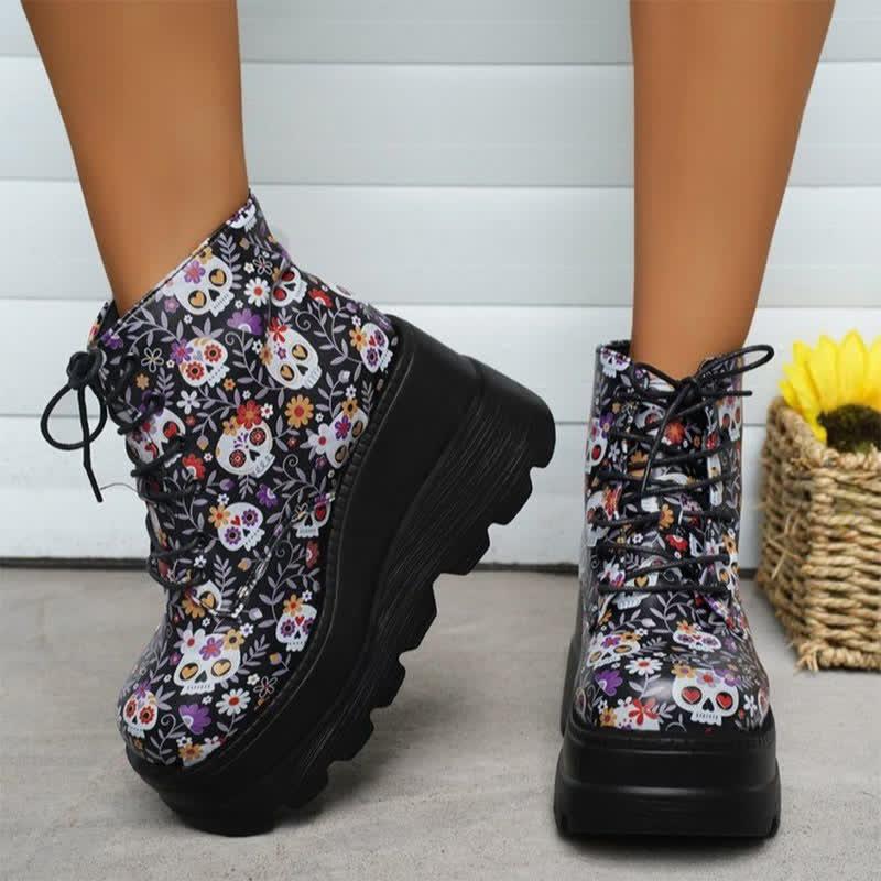 Punk Goth Skull Floral Star Print Lace Up High Wedges Boots  |   Boots Boots Boots