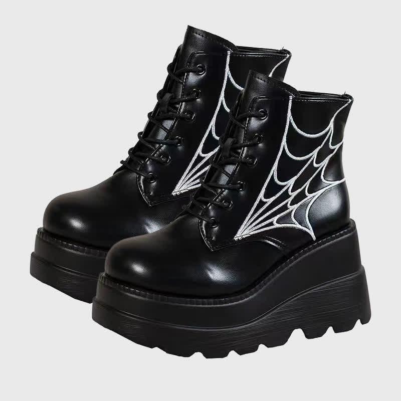 Punk Goth Spider Web Lace Up High Wedge Boots  |   Boots Boots Black