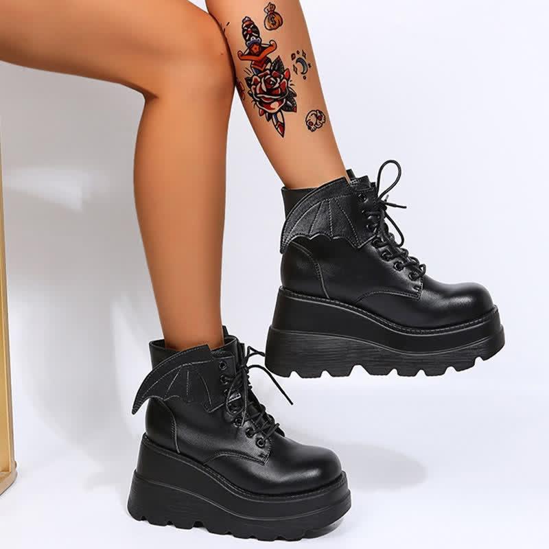 Punk Goth Wings Lace Up High Wedge Boots  |   Boots Boots Black A