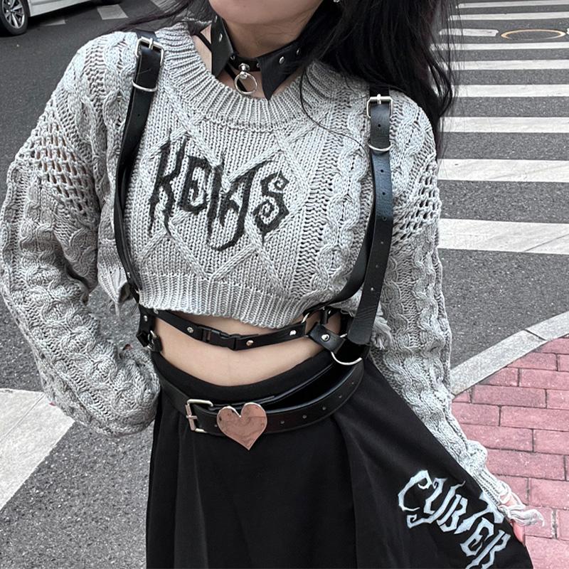 Punk Letter Print Loose Crop Sweater  |   Sweater Clothing Black A