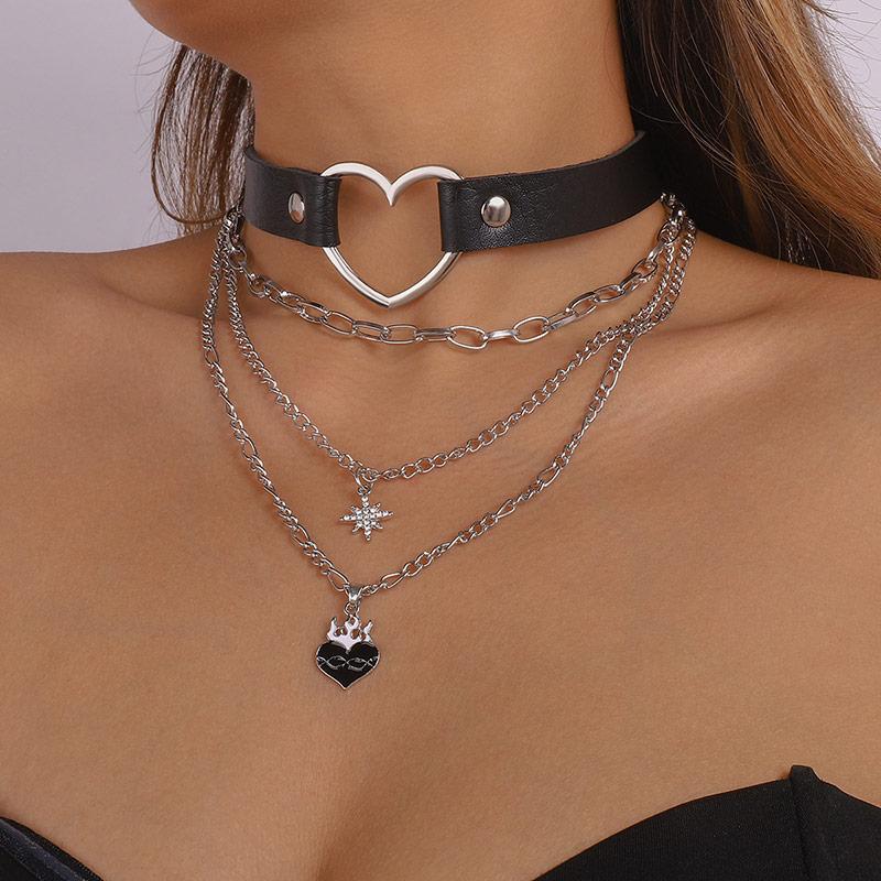 Punk Love Heart Rivet Chain Leather Choker  |   Jewelry Accessories A