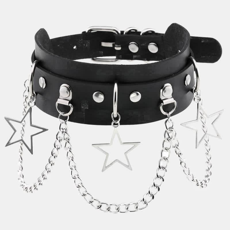 Punk Star Chain Pendant Leather Chocker  |   Jewelry Accessories Black