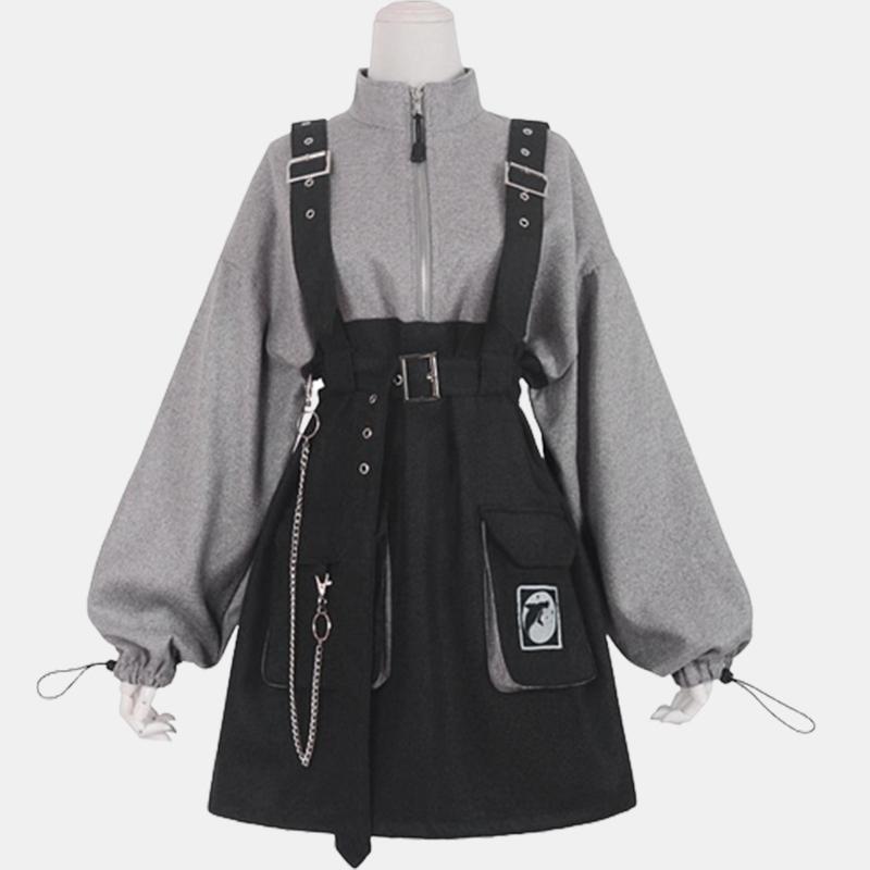 Punk Zipper Chain Pocket Sweatshirt Dress With Chest Waist Strap Adjustable Buckle Belt  |   Dresses Clothing Black & Gray