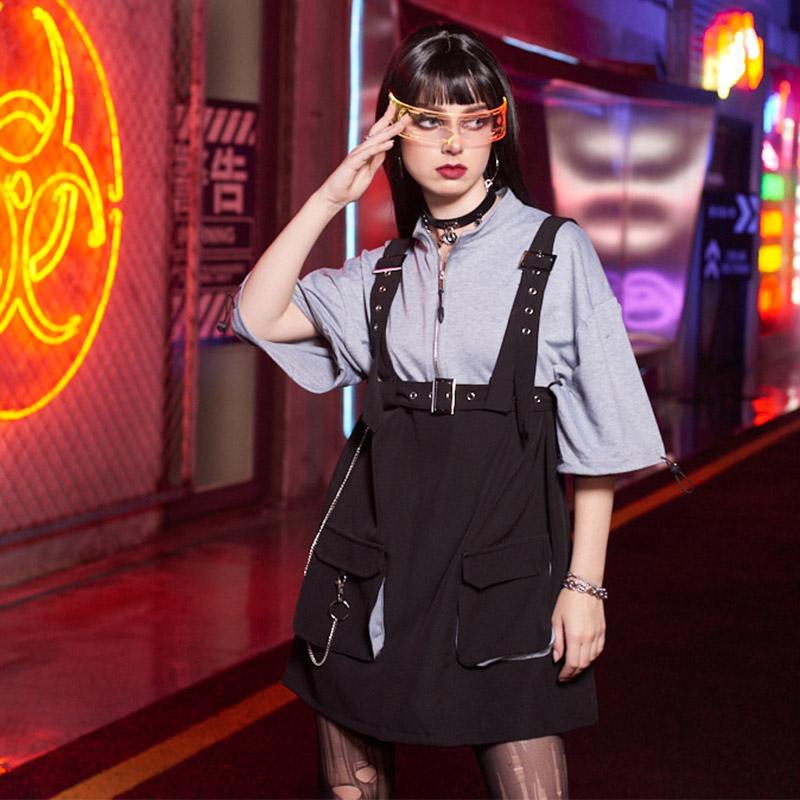 Punk Zipper Chain Pocket T-Shirt Dress With Chest Waist Strap Adjustable Buckle Belt  |   Dresses Clothing Black & Gray